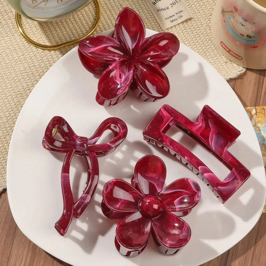 Burgundy Bow Flower Hair Claw Clips